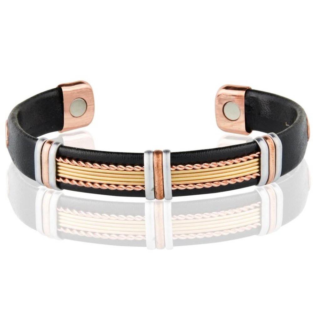 Pure Copper Leather Wrapped Magnetic Bracelet Pain Therapy Cuff Bangle Tri Tone